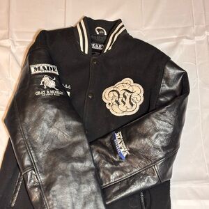 Black and White Bomber Varsity Jacket with Leather Sleeves and Patches